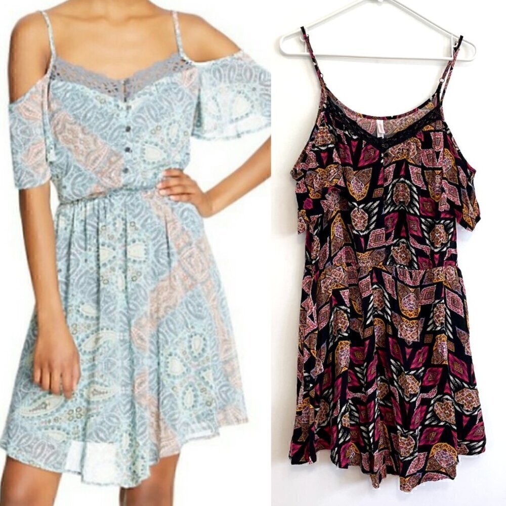 XHILARATION Short Sleeve Cold Shoulder Dress Black Pink Geometric Boho Mini XXL